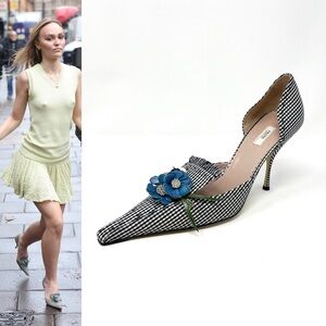 NEW Vintage Prada 90s Y2K Flower Floral Bouquet Heels Pumps Black White 38.5 8.5